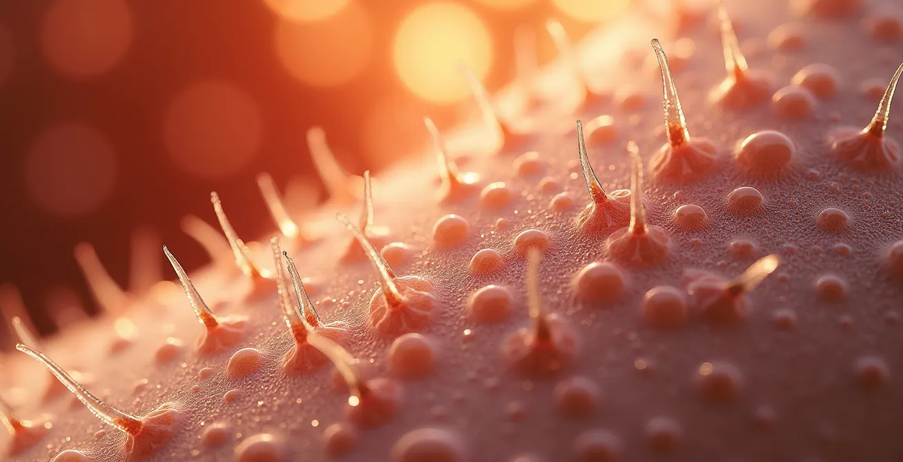 Vue microscopique de bactéries sur surface cutanée