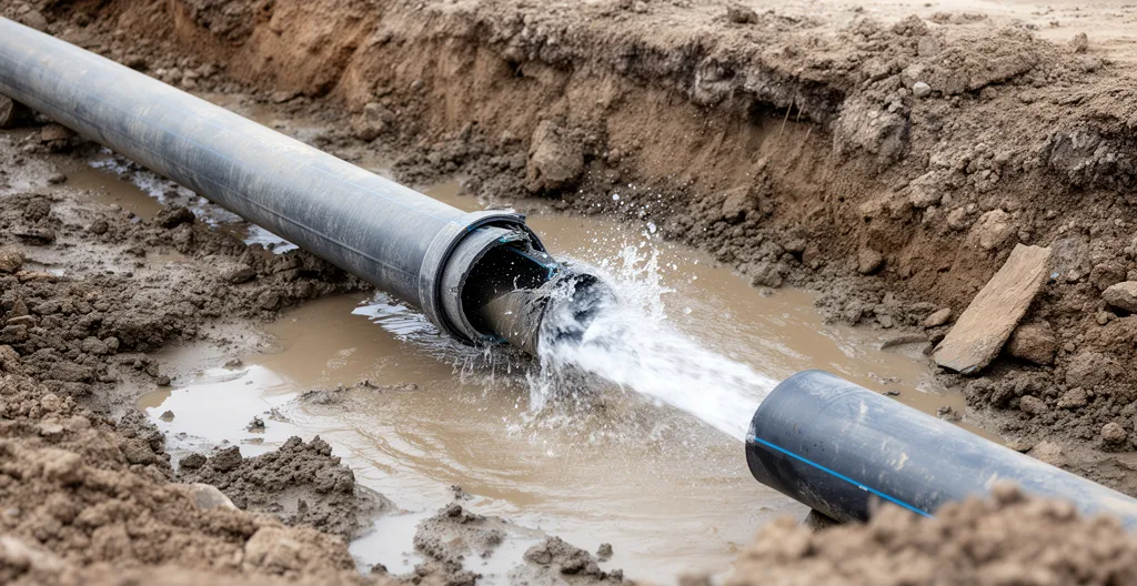 Canalisation d'eau percée avec fuite lors de travaux de terrassement