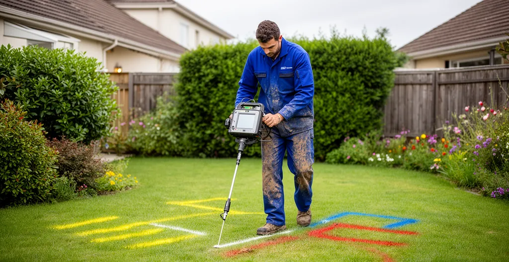 Technicien détection réseaux enterrés dans jardin résidentiel à Cholet