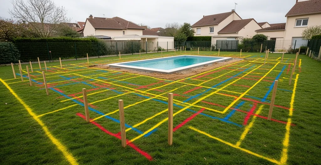 Terrain préparé pour piscine avec marquages de détection réseaux colorés
