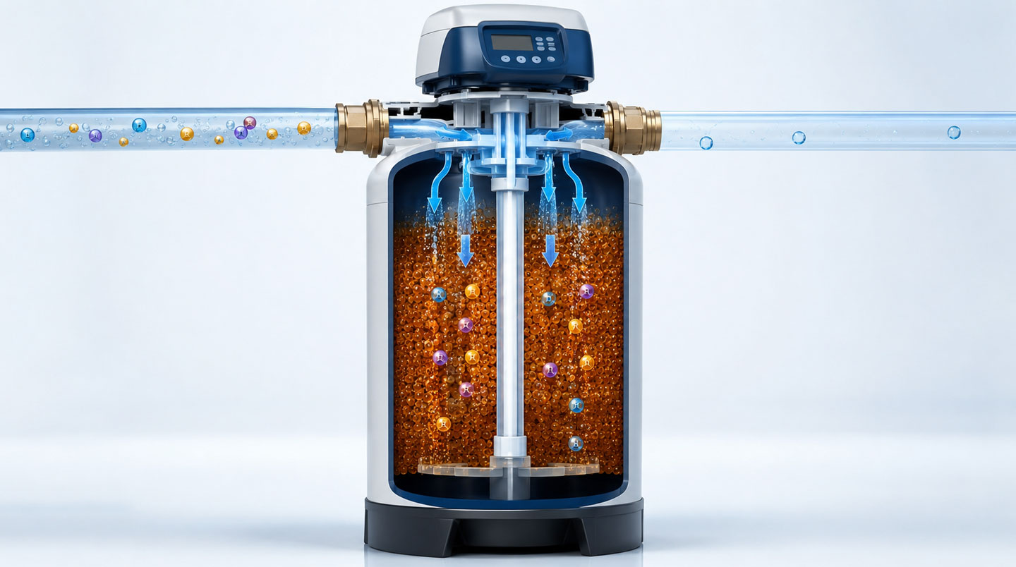 Deux verres d'eau identiques avec étiquettes en français indiquant 'Adoucisseur sel' et 'Adoucisseur CO2', illustrant visuellement la comparaison des deux technologies