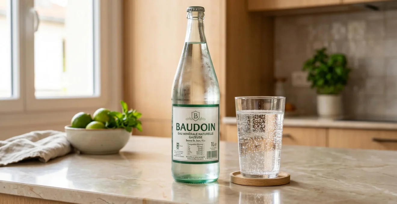 Bouteille d'eau minérale gazeuse française type Vichy avec verre rempli d'eau pétillante sur plan de travail de cuisine moderne, illustrant la présence naturelle de bicarbonates dans l'eau potable