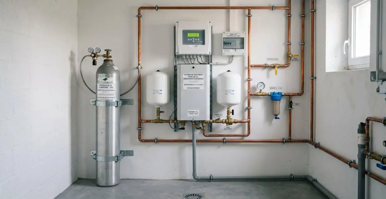 Système d'adoucissement d'eau au CO2 installé dans un local technique résidentiel français avec tuyauterie cuivre apparente et bouteille de CO2 alimentaire montée au mur