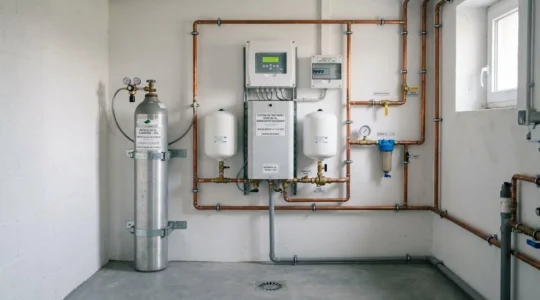 Système d'adoucissement d'eau au CO2 installé dans un local technique résidentiel français avec tuyauterie cuivre apparente et bouteille de CO2 alimentaire montée au mur